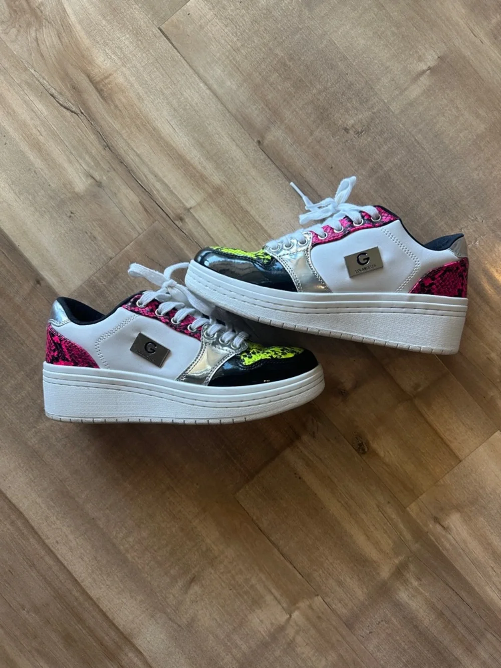 Guess White Platform Sneakers with Neon Pink and Neon Yellow Snakeskin Accents